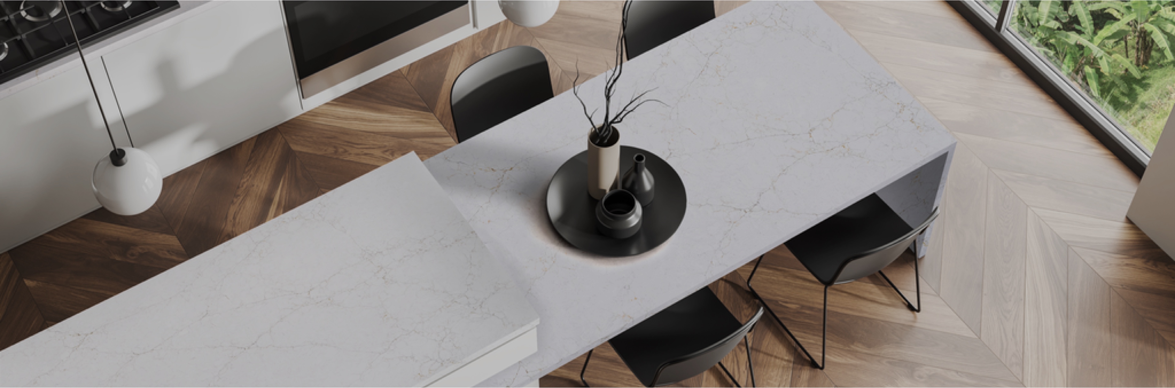 Comptoir de cuisine en quartz blanc avec finition brillante, intégré dans un design moderne et minimaliste. Idéal pour une cuisine sur mesure alliant élégance et fonctionnalité.